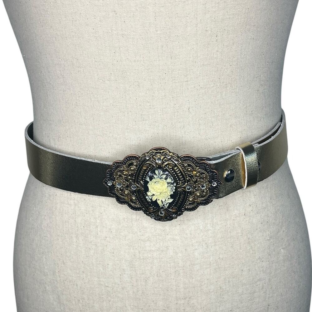 Womens Belt ML Gold Floral Rose Cameo Filigree Buckle Rhinestone Victorian Boho